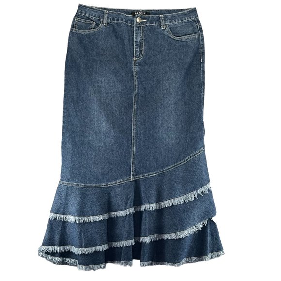 Baccini Dresses & Skirts - Baccini Denim Maxi Skirt Asymmetrical Raw Hem Jean Pockets Medium Wash Y2K sz 12